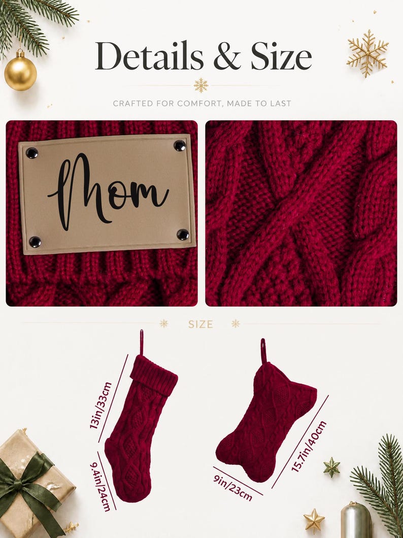 May include: A deep red cable-knit Christmas stocking featuring a tan rectangular patch with the word mom printed in black. The stocking measures 13 inches in height and 9.4 inches in width, while the bone-shaped stocking is 15.7 inches by 9 inches.
