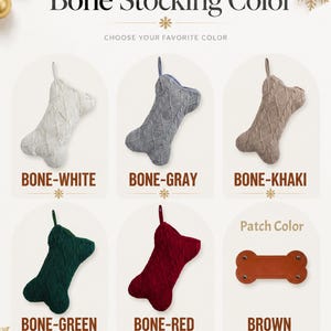May include: A collection of bone-shaped Christmas stockings in white, gray, khaki, green, and red cable knit fabric, each with a hanging loop. A separate brown leather-like bone patch with four metal rivets is displayed for customization options.
