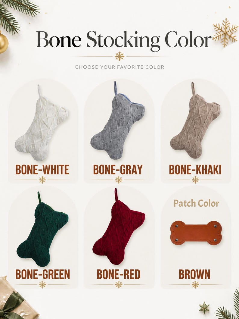 May include: A collection of bone-shaped Christmas stockings in white, gray, khaki, green, and red cable knit fabric, each with a hanging loop. A separate brown leather-like bone patch with four metal rivets is displayed for customization options.