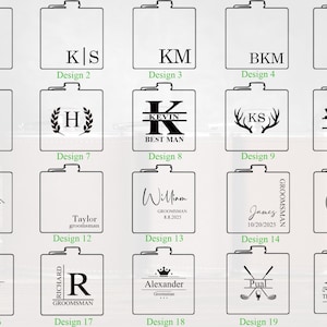 May include: Twenty different designs for personalised groomsman gifts. Each design features a different combination of text, graphics, and fonts. The designs include names, dates, and titles such as "Best Man", "Groomsman", and "Groom".