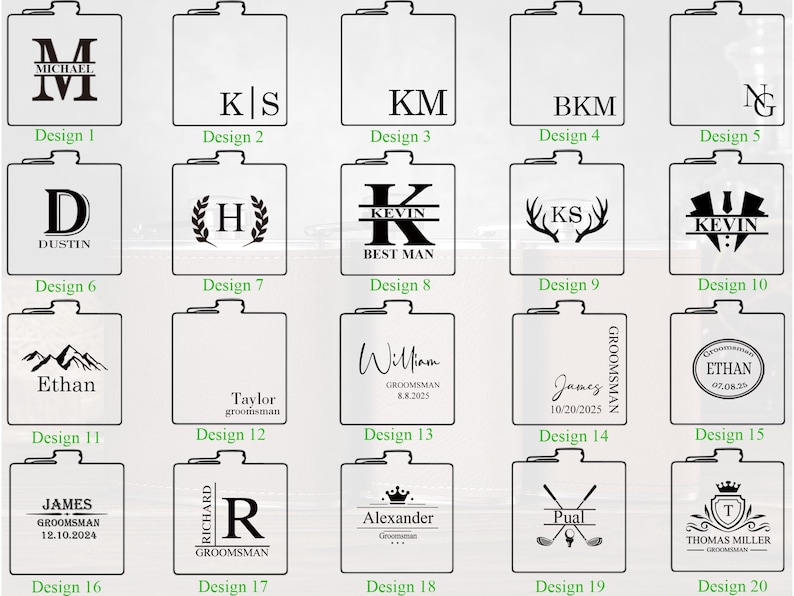May include: Twenty different designs for personalised groomsman gifts. Each design features a different combination of text, graphics, and fonts. The designs include names, dates, and titles such as "Best Man", "Groomsman", and "Groom".