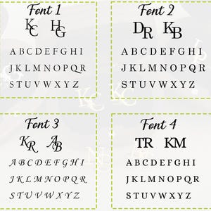 May include: Four different font styles are displayed with the alphabet in each style. The first font is a simple serif font. The second font is a more decorative serif font. The third font is a cursive font. The fourth font is a sans-serif font.