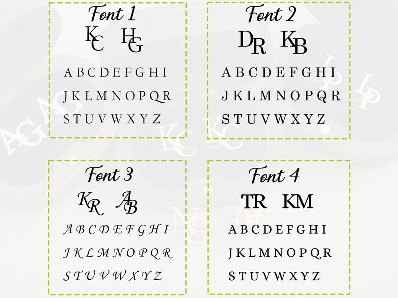 May include: Four different font styles are displayed with the alphabet in each style. The first font is a simple serif font. The second font is a more decorative serif font. The third font is a cursive font. The fourth font is a sans-serif font.