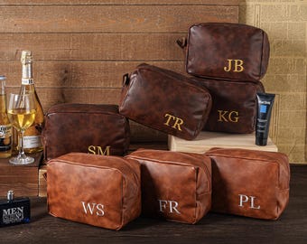 Personalized Men's Leather Toiletry Bag, Groomsmen Gifts, Embroidered Leather Toiletry Bag, Leather Dopp Kit Bag,Travel Toiletry Bag for Him
