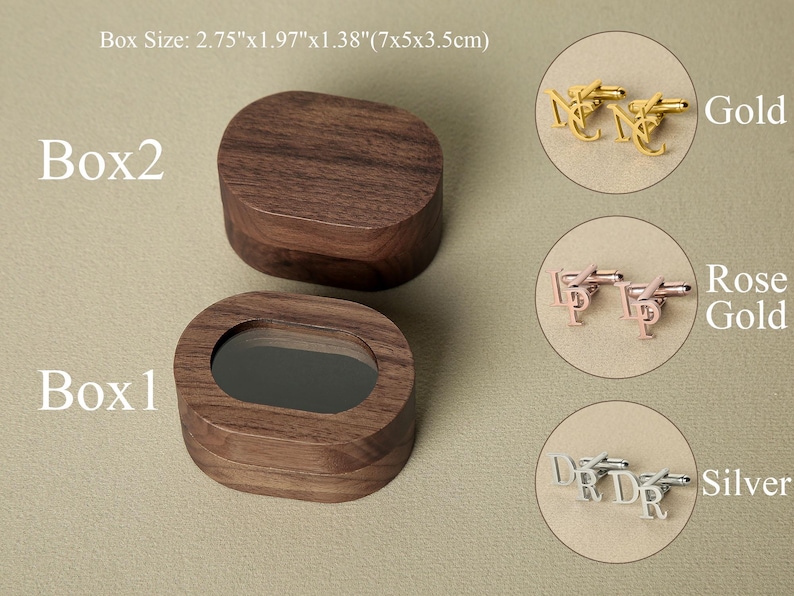 May include: Two oval wooden boxes with lids, one with a mirror inside. The boxes are labeled "Box 1" and "Box 2". Three pairs of cufflinks are shown in separate boxes: gold, rose gold, and silver.