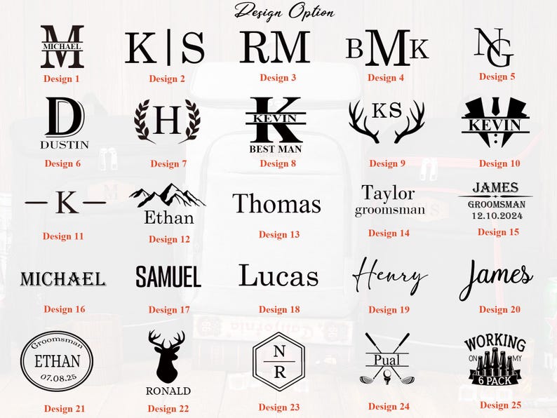 May include: A collection of design options for personalized items, featuring various fonts, initials, names, and graphics. Designs include monograms, names, and phrases like "Best Man" and "Groomsman". The designs are in black and white.