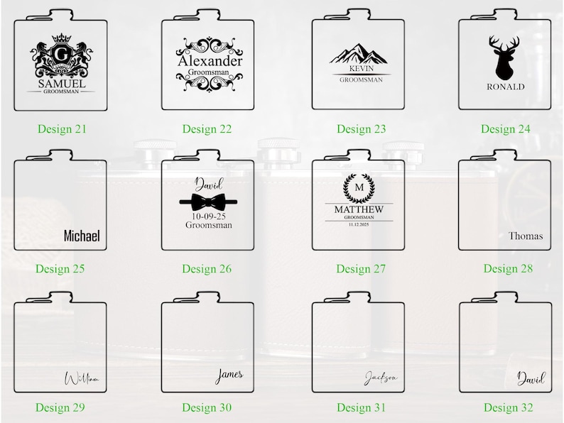 May include: Twelve different designs for personalised bottle opener gift tags. Each tag features a different design with a name, date, and the word "Groomsman".