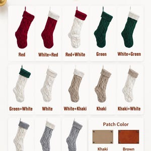 May include: A color chart displaying various cable-knit Christmas stockings in red, white, green, khaki, and gray, featuring solid or two-tone designs with contrasting cuffs. The chart also includes two rectangular leather patches in khaki and brown.