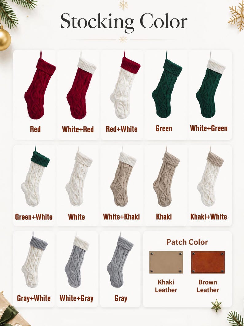 May include: A color chart displaying various cable-knit Christmas stockings in red, white, green, khaki, and gray, featuring solid or two-tone designs with contrasting cuffs. The chart also includes two rectangular leather patches in khaki and brown.