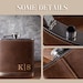 May include: A brown leather-wrapped flask with a silver top and a silver monogrammed inscription that reads "K|S".