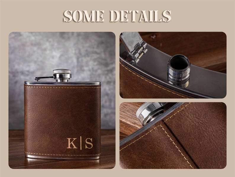 May include: A brown leather-wrapped flask with a silver top and a silver monogrammed inscription that reads "K|S".