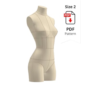 Puede incluir: Un maniquí beige con indicaciones de talla 2 y un icono de patrón PDF. El maniquí está contorneado para parecerse a una figura humana, con líneas que indican los detalles del diseño. El icono PDF sugiere un patrón de costura digital.