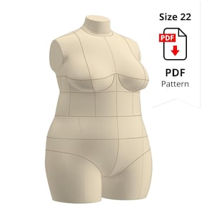 Puede incluir: Un maniquí beige, talla 22, con líneas de cuadrícula para la creación de patrones. El maniquí tiene forma de torso con cuello, hombros, busto, cintura y caderas. La imagen incluye un icono de patrón PDF y las palabras "PDF Pattern."