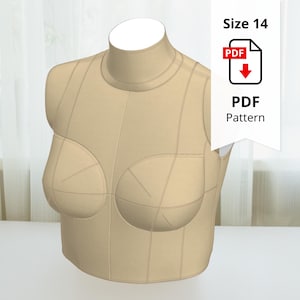 May include: A beige dress form with a bust shape, featuring stitched seams and a neck. The form has a white tag with "Size 14" and a PDF pattern icon. The form is designed for sewing and pattern making.