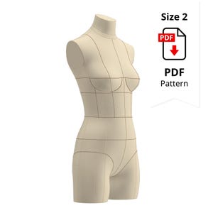 Peut inclure: Un mannequin de couture beige avec des lignes de quadrillage noires, étiqueté "Taille 2". Une icône PDF avec les mots "PDF Pattern" est à droite. Le mannequin est conçu pour la couture et le modélisme.