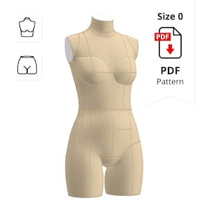 May include: A beige dress form with a high neck and a size 0 label. The form is marked with grid lines and has a PDF pattern icon. The form is designed for sewing and pattern making.