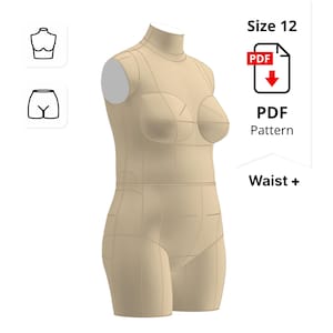 Peut inclure: Un mannequin de couture beige avec un col montant et des lignes de couture marquées. Le mannequin est étiqueté "Size 12" et comprend une icône "PDF Pattern". Le texte "Waist +" est également visible.