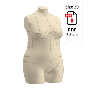Puede incluir: Un maniquí beige con la talla 20 marcada en el lateral. El maniquí tiene líneas de cuadrícula y está etiquetado como "PDF Pattern". El maniquí está diseñado para representar un torso y caderas humanos.