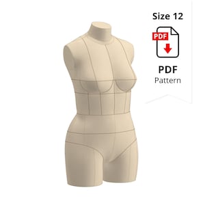 May include: A beige dress form, size 12, with pattern markings. The form has vertical and horizontal lines. A PDF pattern icon is in the upper right corner. The form is for dressmaking.