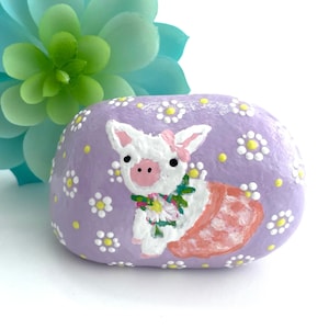 Flower Pig Art Rock - Roca pintada a mano - Roca de cerdo pintada - Regalo de cerdo - Rocas pintadas a mano de dibujos animados - Animales de roca - Arte de cerdo en rocas