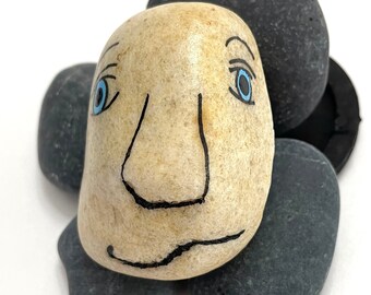 Painted Rock Art - Hand Painted Rocks - Rock Painting - Blue Eyed Mans Face - Rock Art Painting - Painted Stones