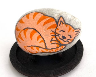 Orange Cat Rock Animals - Fun Painted Rocks - Hand Painted Rock Animals - Colorful Painted Rocks - Orange Sleeping Cat - Painted Cat Rocks