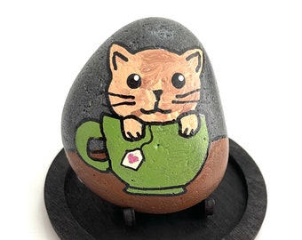 Cat Rock Animals - Fun Painted Rocks - Hand Painted Rock Animals - Colorful Painted Rocks - Cat in Teacup - Painted Cat Rocks