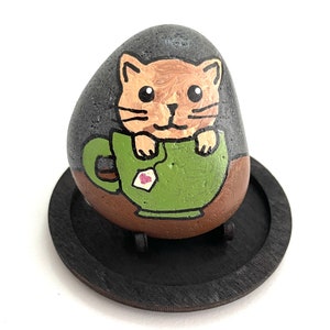 Cat Rock Animals - Fun Painted Rocks - Hand Painted Rock Animals - Colorful Painted Rocks - Cat in Teacup - Painted Cat Rocks