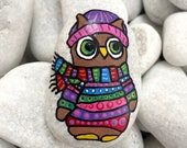 Snow Bird Art Rock - Hand Painted Rock - Painted Bird Rock - Owl Gift - Cartoon Handpainted Rocks - Rock Animals - Bird Art on Rocks
