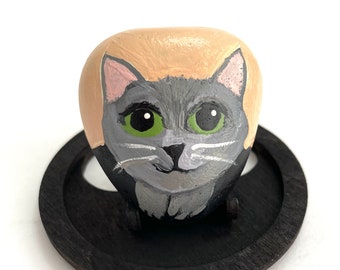 Gray Cat Rock Animals - Fun Painted Rocks - Hand Painted Rock Animals - Colorful Painted Rocks - Painted Cat Rocks - Animal Painted Rocks