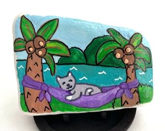 Tropical Cat Rock Animals - Fun Painted Rocks - Hand Painted Rock Animals - Colorful Painted Rocks with Beach Themes