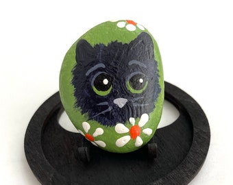 Black Cat Rock Animals - Fun Painted Rocks - Hand Painted Rock Animals - Colorful Painted Rocks - Black Cat with Flowers - Painted Cat Rocks