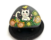 Cat Rock Animals - Fun Painted Rocks - Hand Painted Rock Animals - Colorful Painted Rocks - Cat and Bird in Flowers - Fun Rock Art