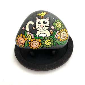 Cat Rock Animals - Fun Painted Rocks - Hand Painted Rock Animals - Colorful Painted Rocks - Cat and Bird in Flowers - Fun Rock Art