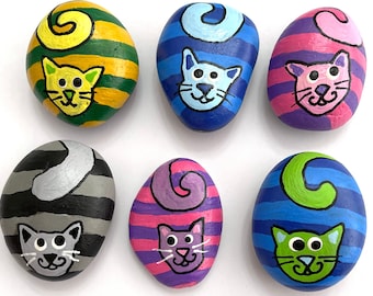 Striped Cat Rock Animals - Fun Painted Rocks - Hand Painted Rock Animals - Colorful Painted Rocks - Cat Rock Painting