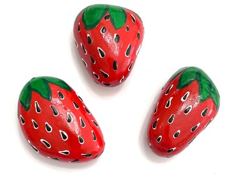 Set of 3 Hand Painted Strawberry Rocks - Rock Strawberry - Strawberry Painted Rocks for Sale Set - Bird Deterrent