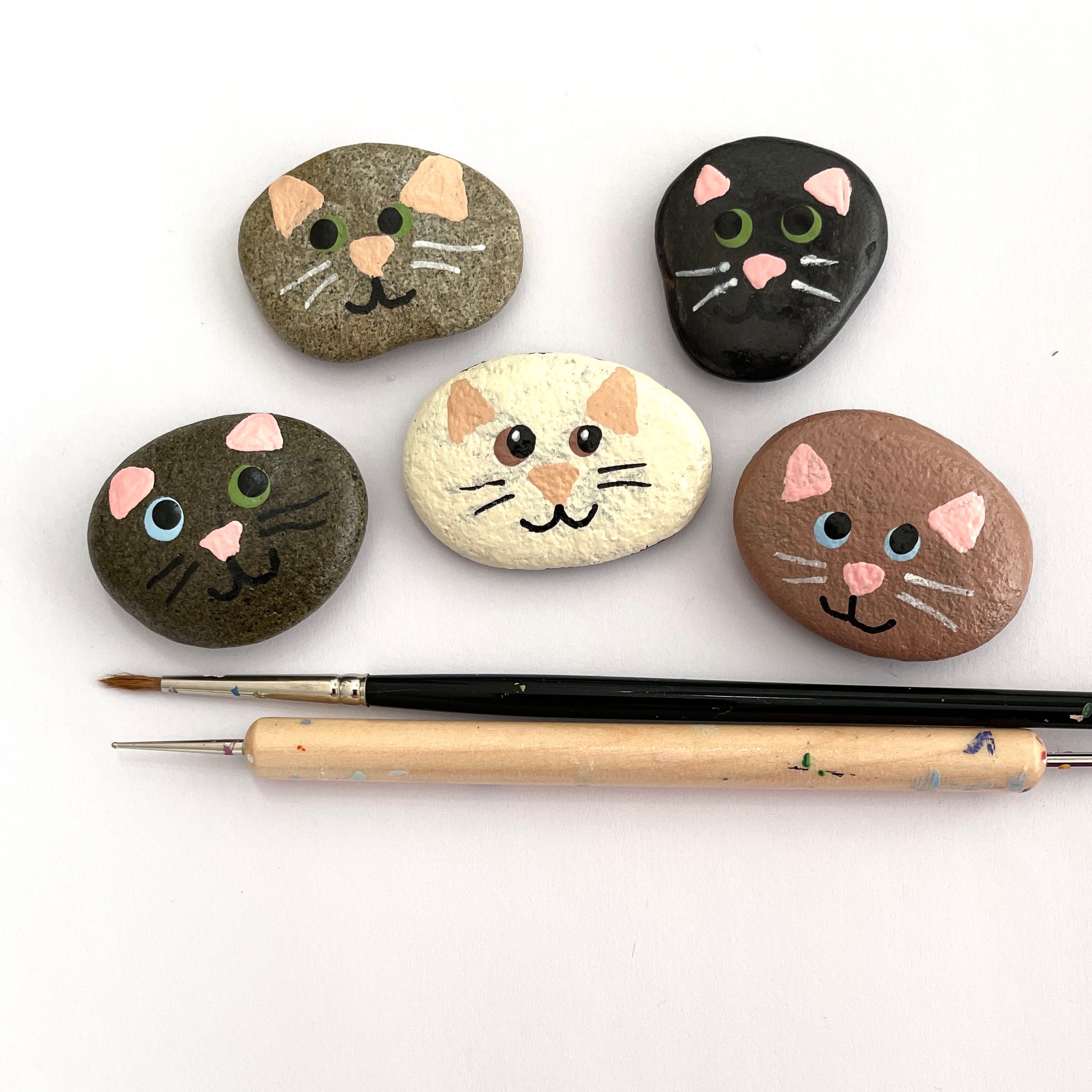Set of Five Painted Cat Rocks Hand Painted Rocks Cats Fun Painted Rocks ...