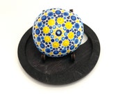Small Dot Mandala Stone - Hand Painted Rock Art - Fun Painted Rocks - Blue and Yellow Mandala Dot Painting - Gift for the Home Decor