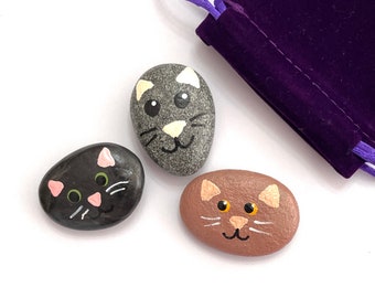 Set of Three Painted Cat Rocks - Hand Painted Rocks Cats - Fun Painted Rocks Animals - Cat Rock Art - Animal Painted Stones