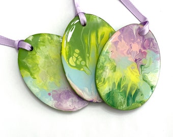 Set of 3 Hand Painted Resin Wood Easter Eggs Ornaments - One of a Kind Paint Pour Egg Ornament for Easter Decor