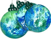 Set of 3 Hand Painted Flat Wood Ornaments - Green and Blue Christmas Ornament - One of a Kind Paint Pour Ornaments