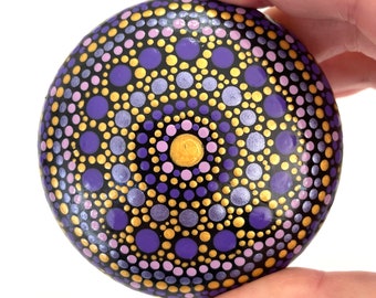 Painted Rock Art - Painted Mandala Stone - Hand Painted Rocks - Mandala Dot Painting - Dot Mandala Rock - Purple Gold - Rock Painting