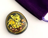 Hand Painted Dragon with Mushroom Rock - Yellow Dragon Rock Painting - Dragon Stone - Rock Art Painting - Collectible Home Decor