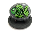 Green Fish Rock Animals - Hand Painted Rocks Ocean Marine - Sea Themed Decor - Painted Rock Animals - Hand Painted Rock - Dotted Rocks