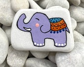 Purple Elephant Art Rock - Hand Painted Stone Art - Unique Art - Animal Art Stone Elephant - Hand Painted Rock - Santorini Stone