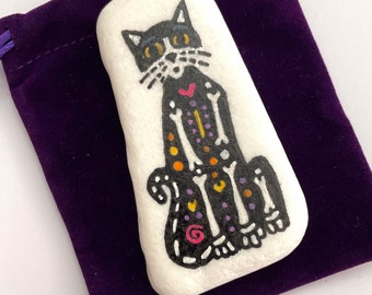 Day of the Dead Skeleton Cat Rock Animals - Fun Painted Rocks - Hand Painted Rock Animals - Colorful Painted Rocks - Painted Cat Rocks