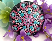 Mandala Art Stone - Hand Painted Rock Art - Mandala Dot Painting - Dot Mandala Rock - Turquoise Pink - Rock Painting Home Decor