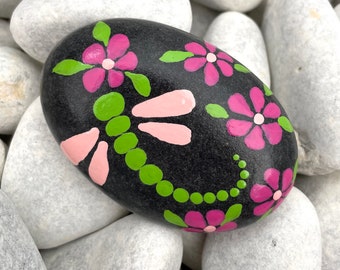 Hand Painted Rocks - Dragonfly Art Rock with Flowers - Little Girls Room Decor - Pink and Green - Pet Rock - Dragonfly Gifts