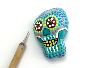 Sugar Skull Rock Art - Hand Painted Stone Art - Day of the Dead Gift - Hand Painted Decor - Turquoise Skull Decor