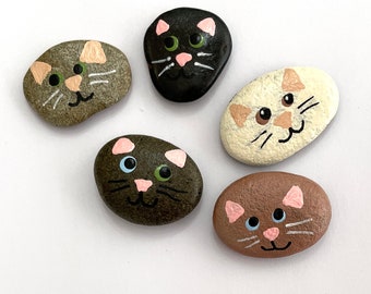 Set of Five Painted Cat Rocks - Hand Painted Rocks Cats - Fun Painted Rocks - Hand Painted Rock Animals - Animal Painted Stones